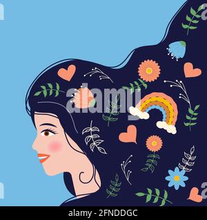 Growing flowers as a concept for developing positive thinking and watering as an act of caring for our mental health. Conceptual illustration of carin Stock Vector