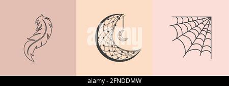 Esoteric symbols. Scheme icon for alchemy or sacred geometry. Mystical and magical design with crystals, sun, stars, skull and moon. Feather, runes, p Stock Vector