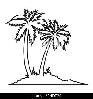 Tropical palm trees, black silhouettes and outline contours on white background. Stock Vector