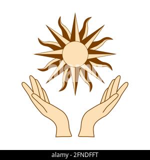 Mystical drawing, woman hands hold the sun. Circle of a phase of the moon. Sacred geometry. Stock Vector