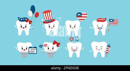 4 th of July teeth dental icon set isolated. Stock Vector