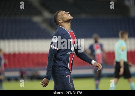 Kylian Mbappe (PSG) reacted during the French championship Ligue 1 football match between Paris Saint-Germain and Stade de Reims, on May 16, 2021 at Parc des Princes stadium in Paris, France - Photo Stephane Allaman / DPPI / LiveMedia Stock Photo
