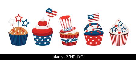 4th of July cupcakes set sweets food. Stock Vector