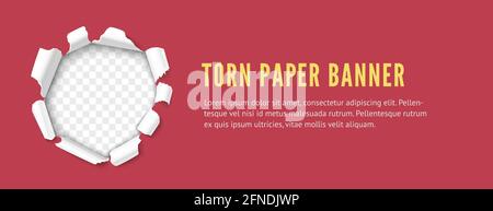 Paper hole with rip edges side realistic vector banner over transparent background Stock Vector