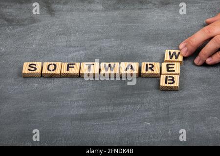 Web Software concept. Wooden alphabet letters on a black chalk board. Stock Photo