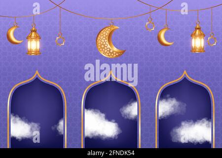 Luxury Islamic background with realistic 3d clouds and golden crescent moon decorations. Islamic background suitable for Ramadan, Eid al Adha Stock Vector