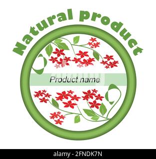 Label for natural product with red small flowers in green circle with a place for product name Stock Vector