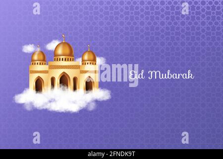 Luxury Eid Mubarak with realistic clouds, 3d golden mosque and decorations. Islamic background suitable for Ramadan, Eid al Adha, Eid al Fitr. Stock Vector