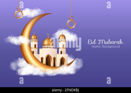 Islamic background with realistic clouds, 3d golden mosque and crescent moon decorations. Islamic background suitable for Ramadan, Eid al Adha Stock Vector