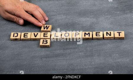 Web Development concept. Wooden alphabet letters on a black chalk board. Stock Photo