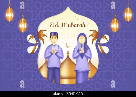 Lovely Eid mubarak background with muslim man and woman praying. Islamic background suitable for Ramadan, Eid al Adha, Eid al Fitr. Stock Vector