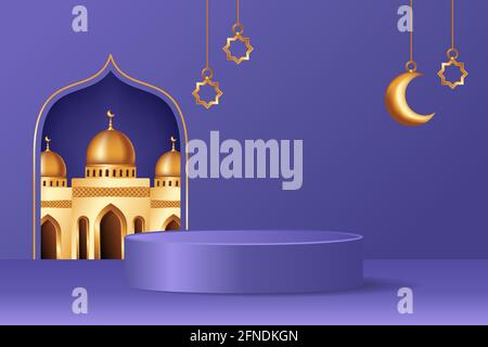 Islamic 3d display podium decoration in purple background with realistic mosque and golden crescent moon. Product presentation suitable for Ramadan, E Stock Vector