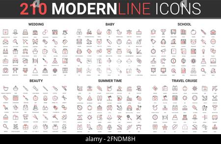 Wedding bridal ceremony, beauty fashion thin red black line icon vector illustration set. Linear symbol collection for infant baby care, school education, summer sea beach vacation, travel cruise Stock Vector