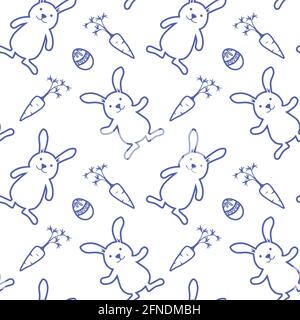 Easter rabbits, eggs and carrots seamless pattern on white background Vector Stock Photo
