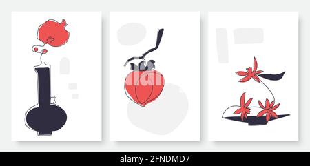 Modern one continuous line drawing of organic fruits, flowers and leaves in red and black vector illustration set. Abstract minimalist food design wallpaper, wall art or social media post template