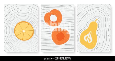 Summer fruits, abstract minimal outline wall art vector illustration set. Trendy hand drawn simple lines, whole fruit, half and slices of peach pear orange, social media stories and post template Stock Vector