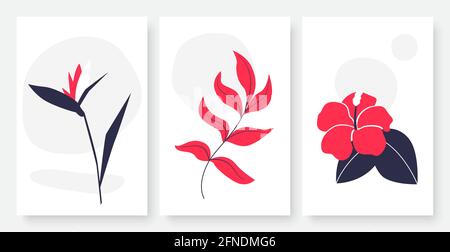 Flower and leaves single continuous line art vector illustration set. Abstract simple creative tropical leaf, plants in red and black color, hand drawn template background for social media stories Stock Vector