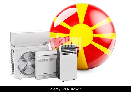 Macedonian flag with cooling and climate electric devices. Manufacturing, trading and service of air conditioners in Macedonia, 3D rendering isolated Stock Photo