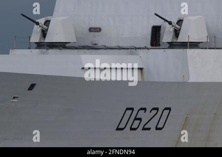 FS Forbin (D620), a Horizon-class air defence destroyer operated by the French Navy, departing from Fairlie on the Firth of Clyde to participate in the military exercises Strike Warrior, Joint Warrior 21-1, and Formidable Shield 2021. Pictured are the two main OTO Melara 76mm Super Rapid guns. Stock Photo