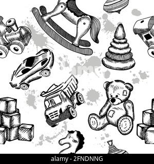 The seamless background of children's toys is drawn with a pen. Vector illustration Stock Vector