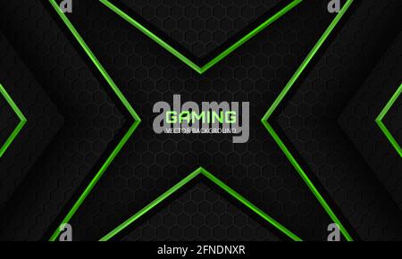 Dark abstract gaming background with hexagon carbon fiber grid and green abstract arrows. Futuristic luxury modern sporty game hexagonal background Stock Vector