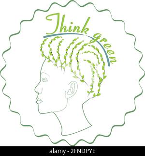 Outline image Think green, female head with hairstyle with green branches Stock Vector