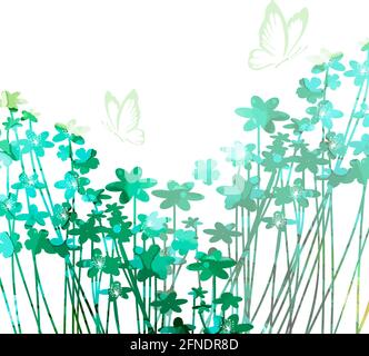 The background is a postcard with small and Blue-green flowers. Summer meadow with butterflies. Vector illustration Stock Vector