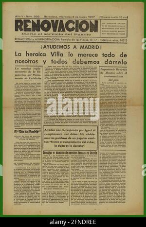 Guerra civil española (1936-1939). Portada del diario Renovación, Barcelona, marzo de 1937. Stock Photo