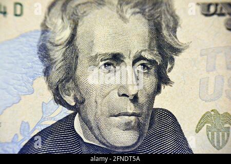 Andrew Jackson portrait on the banknote of 20 dollars, twenty American dollars background, selective focus, united states dollars banknote