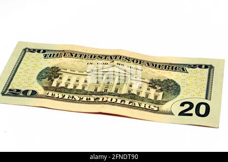 reverse side of 20 dollars portrait, twenty American dollars banknote background, selective focus, united states dollars banknote with the photo of th Stock Photo