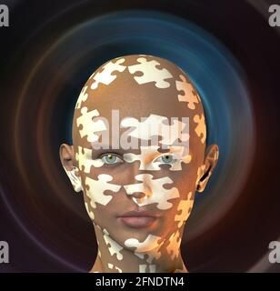 Womman with puzzle face. 3D rendering. Stock Photo