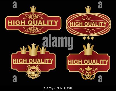 Set of high quality label in dark red and gold design with graphic ornate elements, royal crown, stars. High quality vintage stickers in  vector eps 1 Stock Vector