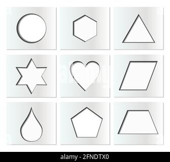 Template for simple geometric shapes with inner shadow - circle, hexagon, triangle, star, heart, drop, pentagon, trapezoid, rhomboid. Nine isolated pa Stock Vector