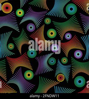 Modern seamless vector background with rainbow line elements and concentric circles in vivid colors on black area. Stock Vector