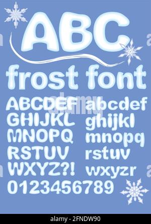 Alphabet in ice design. Uppercase, lowercase, numbers, exclamation and question mark for winter design. Snowflake shapes included. Grunge rounded char Stock Vector