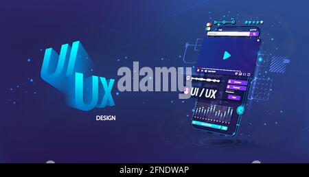 Development, coding, usability. Сoncept of creating a mobile app or website for mobile phones. 3D smartphone in perspective position with elements Stock Vector