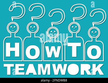 How to . That is teamwork. Team with heads in guestion mark shape and with letters on shirt. White line template on green background for presentation, Stock Vector