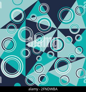 Modern abstract background with geometric shapes. Triangle, concentric circles in trendy green, dark blue and turquoise. Stock Vector