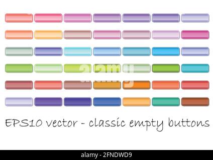 Set of classic empty web buttons in different color shades. Useful for hover effect. Soft and vivid color gradient, fine frame. Stock Vector