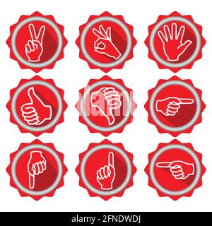 Set of icons with hand gestures in modern flat design with long shadow, red circle objects with white line drawing, gear shape, vector eps10 Stock Vector