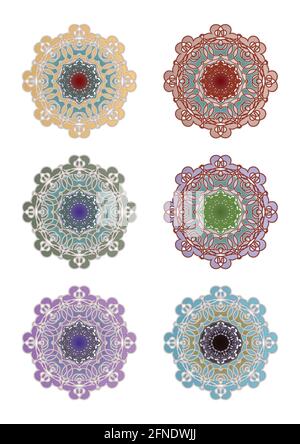 Set of geometric circle lace ornaments in different color variants. Symmetric design elements in vintage style. Stock Vector