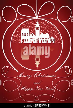 Elegant christmas background with old city in snowfall motif in christmas ball outline shape. White drawing on dark red gradient area. EPS10 vector ch Stock Vector