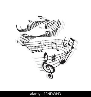 Musical wave of vector music notes, treble clef, sharp symbol and bar lines on swirling stave with shadows. Black and white sheet music or musical not Stock Vector