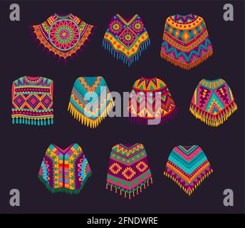 Cartoon Mexican poncho, vector traditional clothes of Mexico, decorated with bright ethnic pattern of colorful stripes, floral ornaments and fringes. Stock Vector