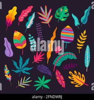 Mexican style leaves and plants, vector traditional floral ornament of Mexico. Colorful foliages of exotic tropical plants and trees with folk or ethn Stock Vector
