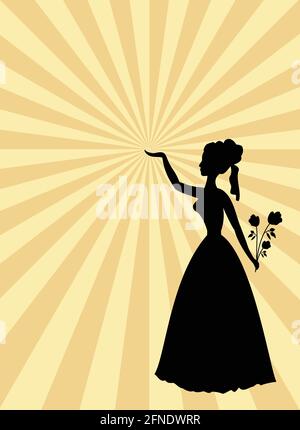 Woman black silhouette on beige and gold rays patterned background. Lady with roses bouquet and raised hand. Template in old style for party or ball i Stock Vector