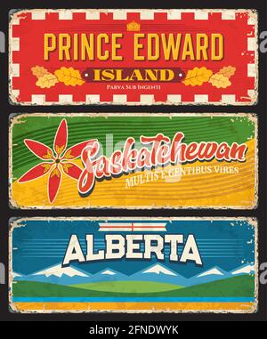 Prince Edward Island, Saskatchewan and Alberta Canadian provinces and regions. Vector plates with flags of Canada provinces, prairie lily, oak tree le Stock Vector