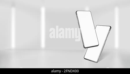 Presentation banner with smartphones mockups. Web page template with mobile phones in isometric position. 3D realistic gadgets with blank screen in Stock Vector