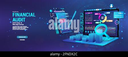 Financial audit web page banner. Modern financial management. Business account tax report, laptop with graphic and charts, documents. Financial audit Stock Vector
