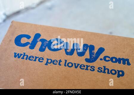 Close up of a Chewy where pet lovers shop logo on a box from pet product online retailer Chewy February 17 2021 Stock Photo Alamy